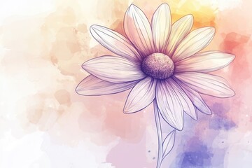 Fototapeta premium Delicate Daisy in Continuous Line Art with Watercolor Background Depth