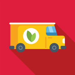 Yellow electric delivery van promoting its green business practices with a leaf icon, symbolizing its commitment to sustainability