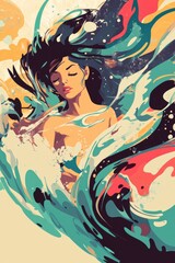 Elegant Woman Surrounded by Colorful Waves