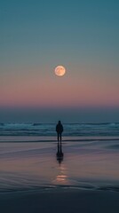 Beach at dusk: serene scene with a person, surfboard, and moonlit sky. Peaceful atmosphere by the ocean's edge at sunset.