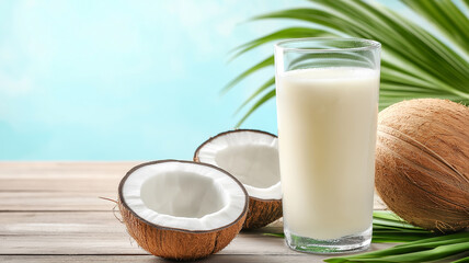 Fresh Coconut Milk in Clear Glass with Halved Coconuts and Palm Leaves on Wooden Table in Tropical Setting