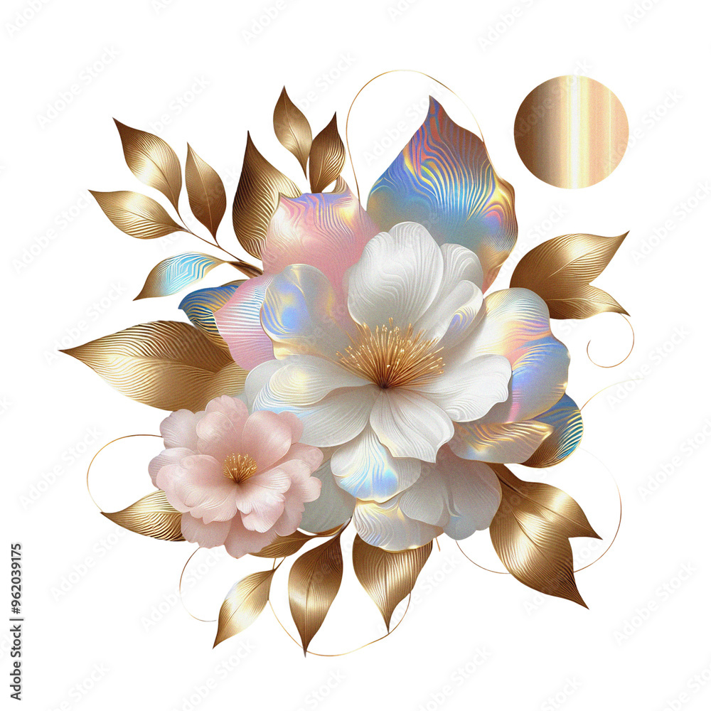 Wall mural Gold pink white hologram flower clipart, golden floral transparent background cutout png