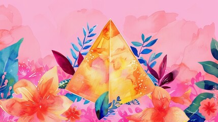 A stunning illustration featuring a golden pyramid surrounded by a lush watercolor floral background. The vibrant pink and orange hues contrast beautifully with the golden tones, creating a