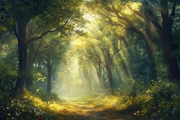 Sunbeams Shining Through a Forest Path