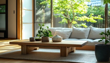 Serene Japandi Living Room with Wooden Coffee Table, Cozy Sofa, and Green Plants for Simple Comfort