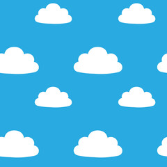 Seamless pattern of fluffy clouds on a blue sky, ideal for backgrounds or textiles.
