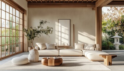 Serene Japandi Fusion: Cozy Living Room with Scandinavian & Japanese Furniture, Neutral Tones, Natural Textures for Relaxation