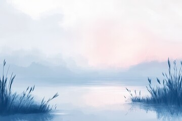 Foggy Morning Landscape with Silhouetted Reeds and a Calm Lake