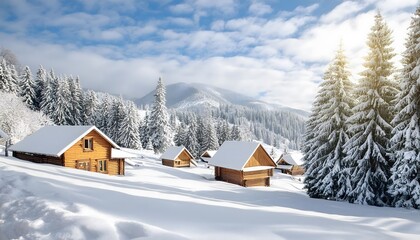 Christmas and New Year background. Winter landscape with wooden houses in the village, snowy day