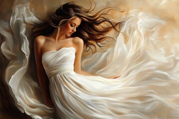 Woman with Long Brown Hair Dressed in a White Gown