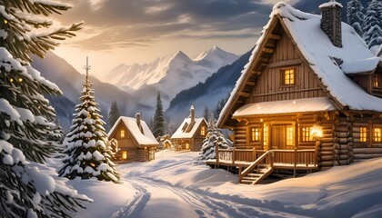 Fototapeta premium Christmas and New Year background. Winter landscape with wooden houses in the village, snowy day