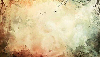Soft abstract watercolor landscape with birds and trees in warm tones