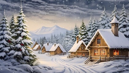 Fototapeta premium Christmas and New Year background. Winter landscape with wooden houses in the village, snowy day