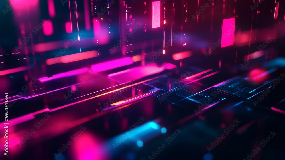 Poster Abstract neon-lit data streams in a futuristic digital environment. Represents coding and data analysis.