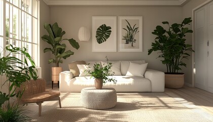 Tranquil Japandi-Inspired Living Room with Minimalist Furniture and Green Plants for a Serene Atmosphere