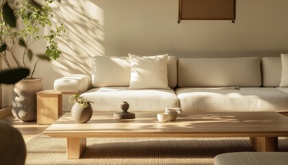 Tranquil Japandi-Inspired Living Room with Wooden Coffee Table and Beige Sofa