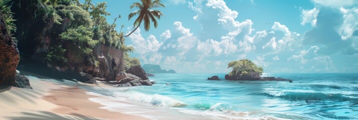 photo of a picturesque beach setting, perfect for a tropical holiday banner that inspires summer