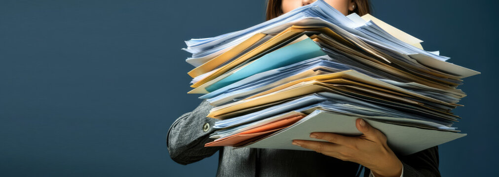 Woman in office suit carrying large stack of folders and papers. Documentation, accounting. Businesswoman heavy paperwork, career crisis, workload, pile of documents, deadline