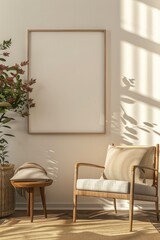 Fototapeta premium Poster frame mock-up in a stylish living room, offering an open space for showcasing artwork