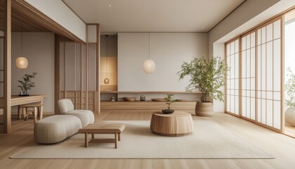 Serene Japandi Living Room with Minimalist Design Elements and Light Wooden Flooring