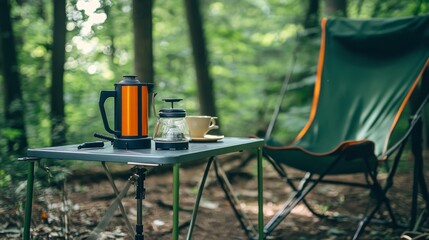 Fototapeta premium Minimalist camping coffee setup with a portable coffee maker, gas stove, and lantern on a table, set in a forest with a green camping chair.
