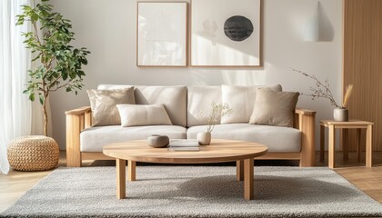 Tranquil Japandi Living Room with Wooden Coffee Table, Plush Rug, and Neutral Sofa