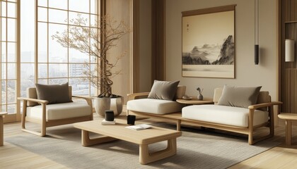 Serene Japandi-Style Living Room with Minimalist Decor and Cozy Ambiance