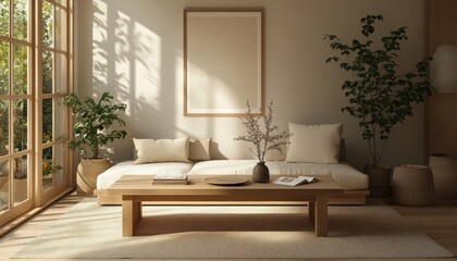 Serene Japandi Living Room - Minimalist Comfort with Neutral Tones and Wooden Accents