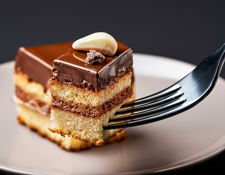 Isolated fork with a bite of fancy cake