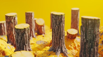A group of tree stumps scattered across a vibrant yellow terrain, representing the impact of deforestation. The bright background contrasts sharply with the somber theme, emphasizing environmental