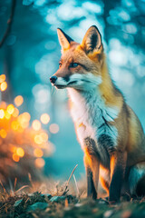 Obraz premium A close-up, low-angle shot of a fox standing still in a forest shrouded in light fog