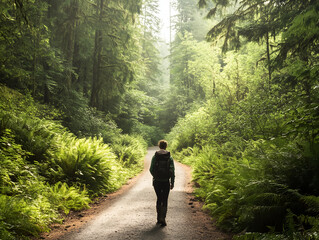 Path of Tranquility: A lone hiker embarks on a journey through a sun-dappled redwood forest, embracing the solitude and grandeur of nature. 