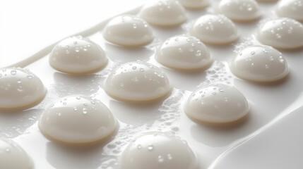 White round objects with water droplets on a white surface