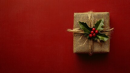 Rustic Burlap Gift Box with Holly and Twine Bow on Deep Red Background - Festive Holiday Decor