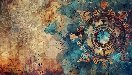 Fototapeta premium Cosmic abstract watercolor with intricate mandala and gears in earthy tones