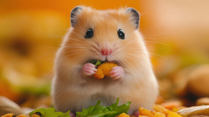 Fototapeta premium A hamster stuffing its cheeks full of food, looking adorably overstuffed