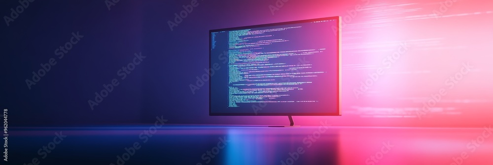 Aufkleber monitor projecting blue and pink code in a futuristic setting, representing digital innovation and m