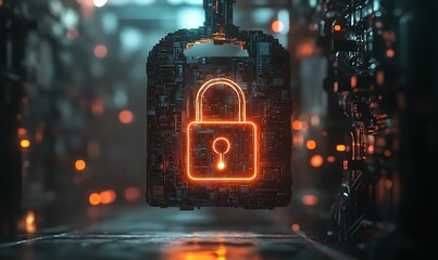 A glowing padlock symbol made of futuristic metal circuitry