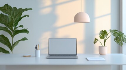 Cozy Green Office Concept Showcasing Minimalist Style: A work Desk with computer, Documents, green plants and Well-Lit Interior. graphic Resources,  Illustration, 