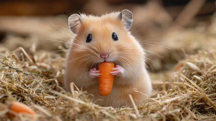 A hamster enjoying a fresh piece of carrot in its paws, sitting on a bed of hay