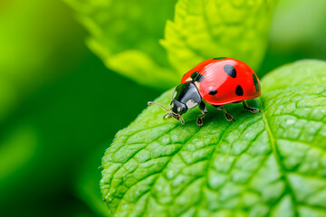 Red ladybug on a green leaf outside