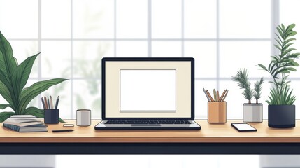 Fototapeta premium Cozy Green Office Concept Showcasing Minimalist Style: A work Desk with computer, Documents, green plants and Well-Lit Interior. graphic Resources, Illustration, 