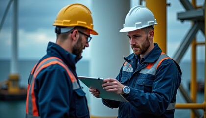 Two construction workers in helmets discussing plans on a tablet at a job site under cloudy skies.