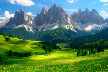landscape of high mountains with green grass and blue sky