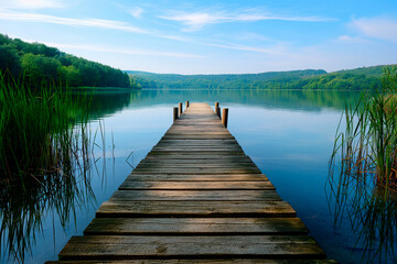 Fototapeta premium wooden pier on a blue calm lake