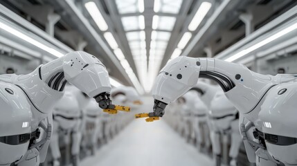 A modern barn with robotic arms feeding cattle and automated cleaning systems