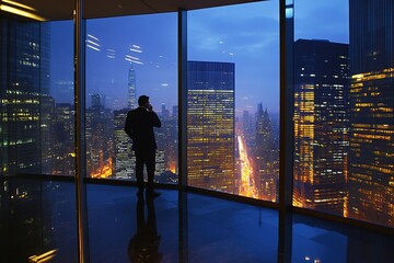 Fototapeta premium Silhouette of man overlooking city lights at dusk