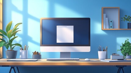 Cozy Green Office Concept Showcasing Minimalist Style: A work Desk with computer, Documents, green plants and Well-Lit Interior. graphic Resources,  Illustration, 