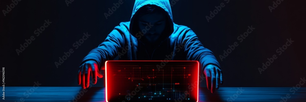 Fototapete Hacker in a dark room with neon light coding on glowing screen. Concept of cybersecurity and digital hacking.