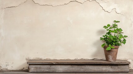 A rustic plant in a clay pot on a wooden ledge, set against a cracked beige wall, evoking...